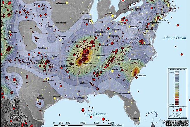 美国地质勘探局几乎每天在网上以图示公布美国各地发生地震可能性的分布状况